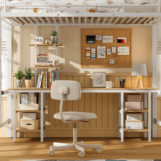 Cama alta 90x200 cm - com secretária e prateleiras - estrutura em ferro - Branco