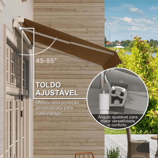 Outsunny Toldo Manual Retrátil 3x2,5 cm, Toldo Exterior para Terraço com Ângulo Ajustável, Braço Articulado, Montagem na Parede, Estrutura de Alumínio, Anti-UV e Impermeável, Ideal para Jardim ou Café