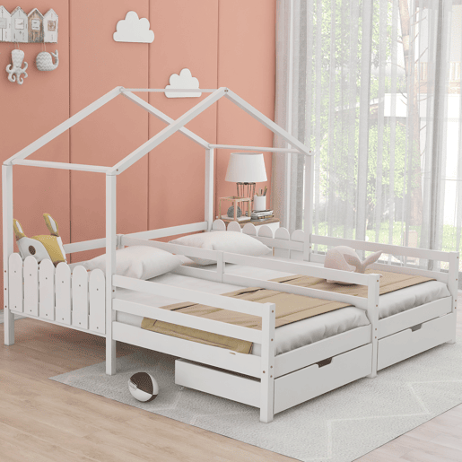 Cama-cabina em pinho maciço 2x90x200 cm - com 2 gavetas - Branco
