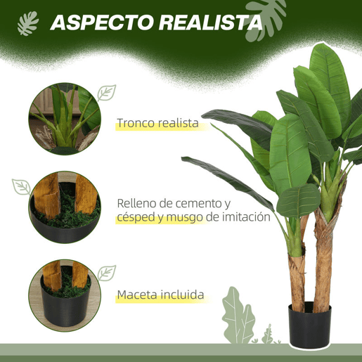 HOMCOM Planta Artificial Ø17x120 cm Bananeira Atificial com Vaso e 15 Folhas Planta Artificial Decorativa para Interior Verde