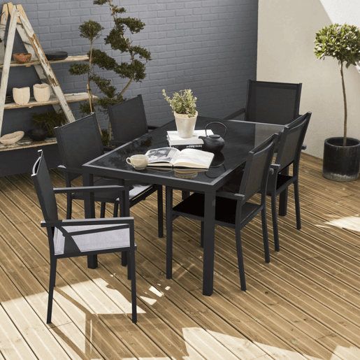 Mesa de jardim em alumínio e textilene, 6 cadeiras, Capua 150, Antracite, 150x90x71 cm