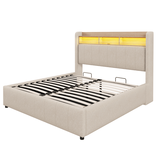Cómoda estofada em linho 160x200 cm - com LED + tomadas - Bege
