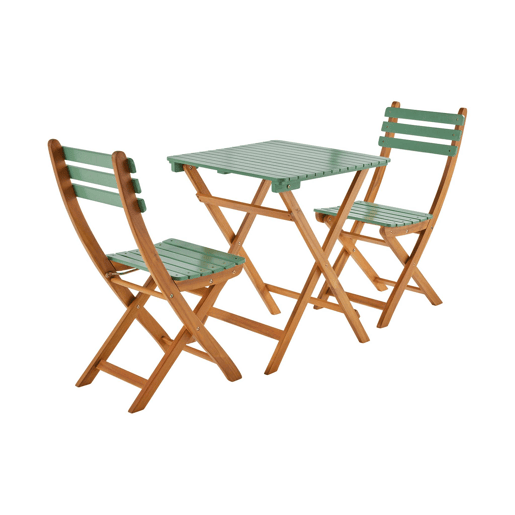 Mesa de jardim em madeira de acácia, 2 cadeiras dobráveis, Hilora, Verde cinzento, 60x60x8 cm