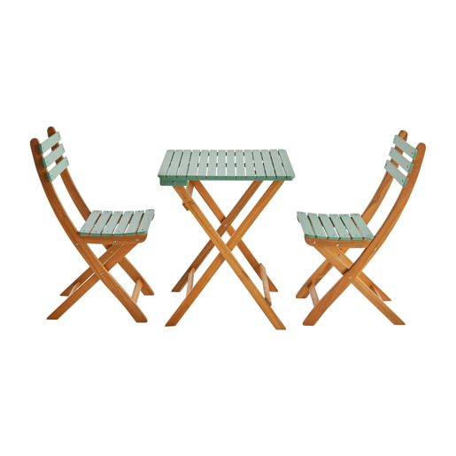 Mesa de jardim em madeira de acácia, 2 cadeiras dobráveis, Hilora, Verde cinzento, 60x60x8 cm