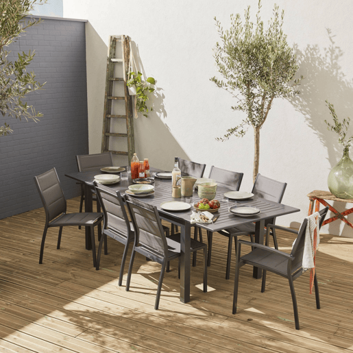 Mesa de jardim extensível em alumínio, 8 cadeiras, Chicago 8, Antracite, 244x100x75 cm
