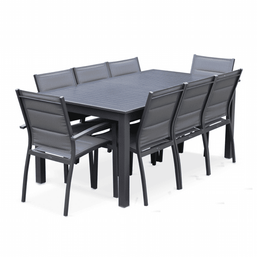 Mesa de jardim extensível em alumínio, 8 cadeiras, Chicago 8, Antracite, 244x100x75 cm