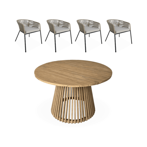 Mesa de jantar redonda em madeira, interiorexterior + 4 cadeirões em corda e aço, Oviedo + Santos, Beige, 120x120x75 cm