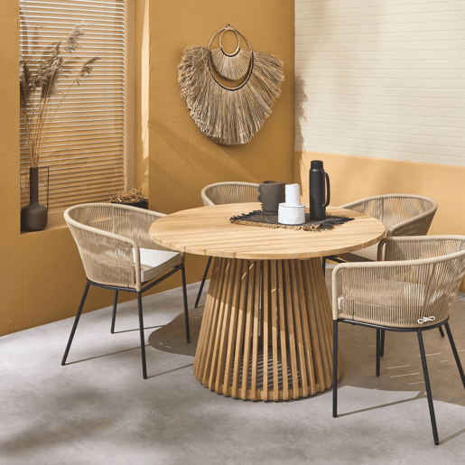 Mesa de jantar redonda em madeira, interiorexterior + 4 cadeirões em corda e aço, Oviedo + Santos, Beige, 120x120x75 cm