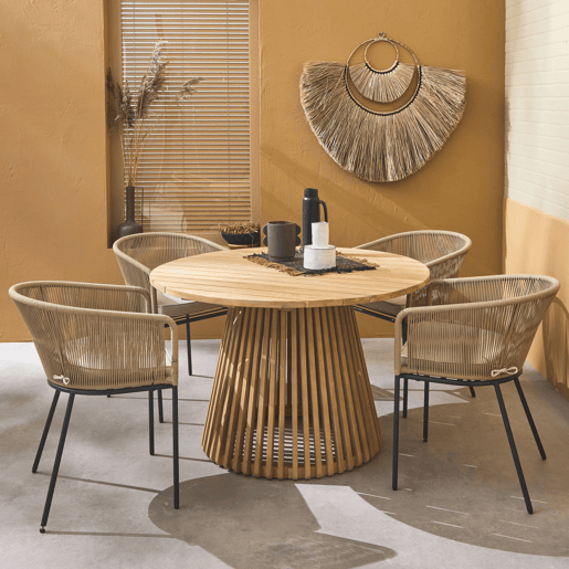 Mesa de jantar redonda em madeira, interiorexterior + 4 cadeirões em corda e aço, Oviedo + Santos, Beige, 120x120x75 cm