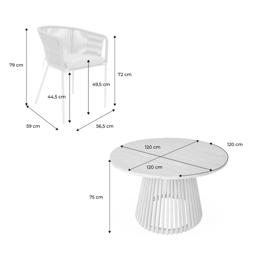 Mesa de jantar redonda em madeira, interiorexterior + 4 cadeirões em corda e aço, Oviedo + Santos, Beige, 120x120x75 cm