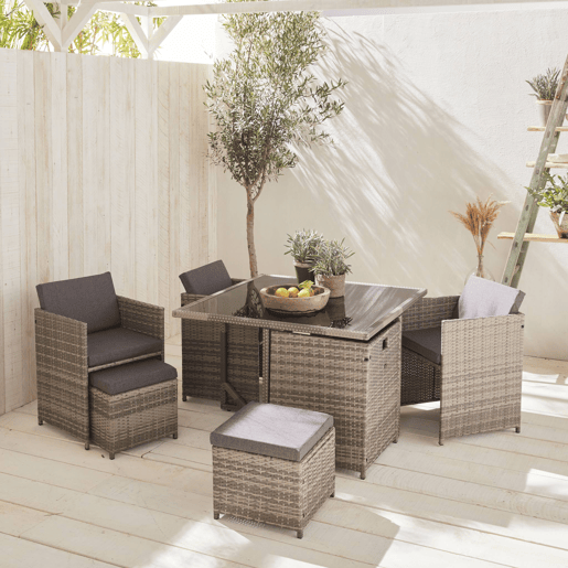 Mesa de jardim embutida em resina tecida, 8 cadeirões, Vabo 8, Tons de cinza, 110x110x73 cm