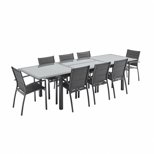 Mesa de jardim extensível em alumínio, 8 cadeiras, Philadelphie, Antracite, 300x100x75 cm