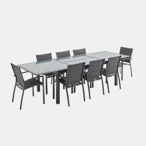 Mesa de jardim extensível em alumínio, 8 cadeiras, Philadelphie, Antracite, 300x100x75 cm
