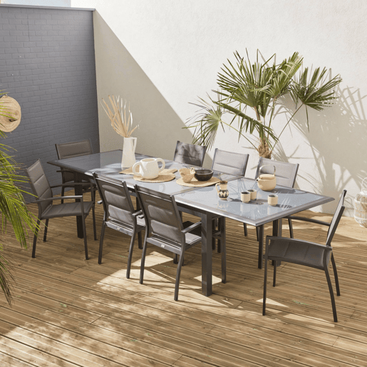 Mesa de jardim extensível em alumínio, 8 cadeiras, Philadelphie, Antracite, 300x100x75 cm