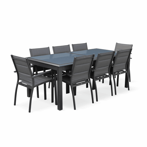 Mesa de jardim extensível em alumínio, 8 cadeiras, Philadelphie, Antracite, 300x100x75 cm