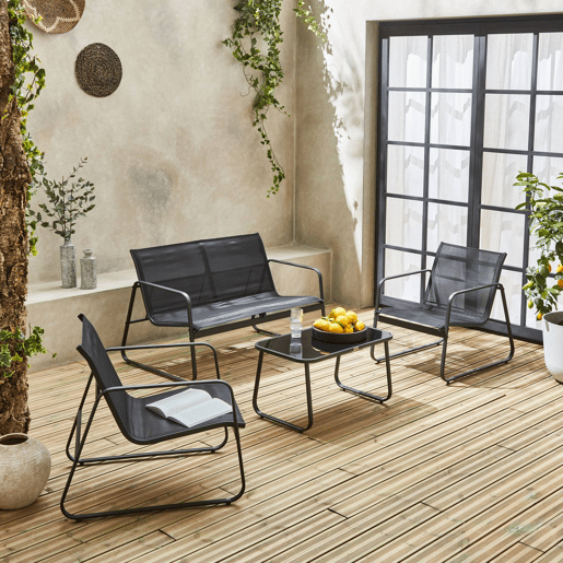 Conjunto de mobiliário de jardim relax com sofá em metal, 4 lugares, Silvi, Antracite, 77x114x76 cm