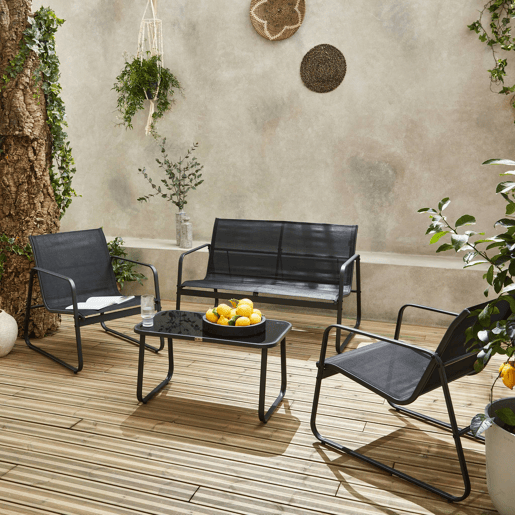 Conjunto de mobiliário de jardim relax com sofá em metal, 4 lugares, Silvi, Antracite, 77x114x76 cm