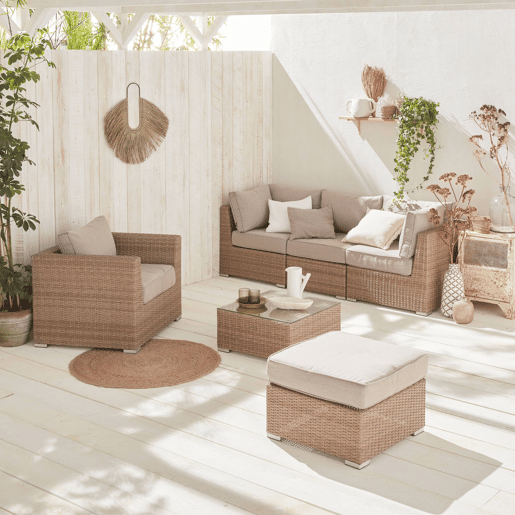 Conjunto de mobiliário de jardim com sofá em resina tecida, 5 lugares, Vinci, Beige, 225x80x67.5 cm