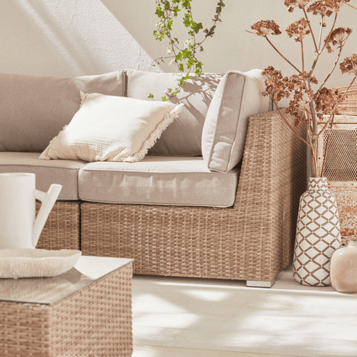 Conjunto de mobiliário de jardim com sofá em resina tecida, 5 lugares, Vinci, Beige, 225x80x67.5 cm