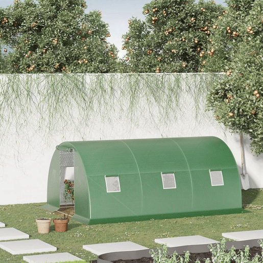 Outsunny Estufa de Exterior 4,5x3x2 m, Estufa de Túnel com Porta Enrolável, 6 Janelas com Rede, Cobertura PE 140gm² e Estrutura de Aço Galvanizado, Anti-UV e Impermeável, para Cultivo, Verde