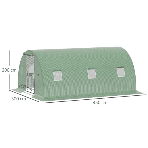 Outsunny Estufa de Exterior 4,5x3x2 m, Estufa de Túnel com Porta Enrolável, 6 Janelas com Rede, Cobertura PE 140gm² e Estrutura de Aço Galvanizado, Anti-UV e Impermeável, para Cultivo, Verde