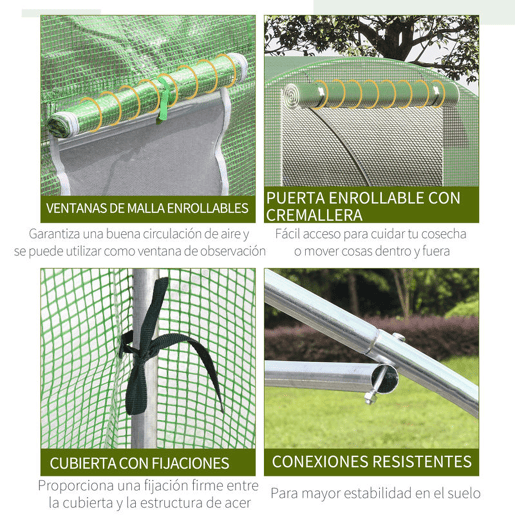 Outsunny Estufa de Exterior 4,5x3x2 m, Estufa de Túnel com Porta Enrolável, 6 Janelas com Rede, Cobertura PE 140gm² e Estrutura de Aço Galvanizado, Anti-UV e Impermeável, para Cultivo, Verde