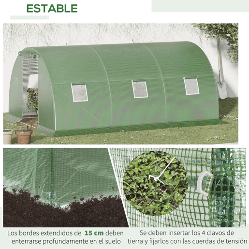 Outsunny Estufa de Exterior 4,5x3x2 m, Estufa de Túnel com Porta Enrolável, 6 Janelas com Rede, Cobertura PE 140gm² e Estrutura de Aço Galvanizado, Anti-UV e Impermeável, para Cultivo, Verde