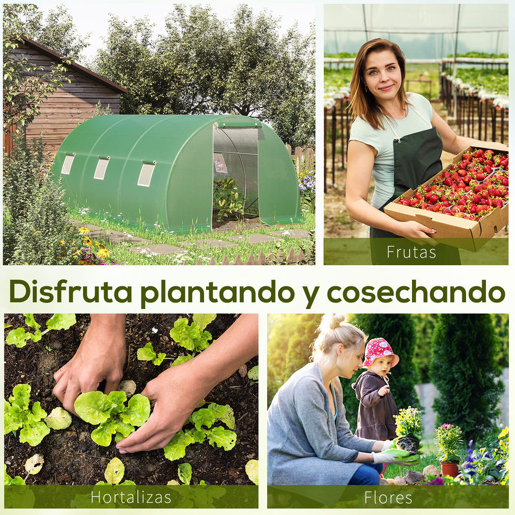 Outsunny Estufa de Exterior 4,5x3x2 m, Estufa de Túnel com Porta Enrolável, 6 Janelas com Rede, Cobertura PE 140gm² e Estrutura de Aço Galvanizado, Anti-UV e Impermeável, para Cultivo, Verde