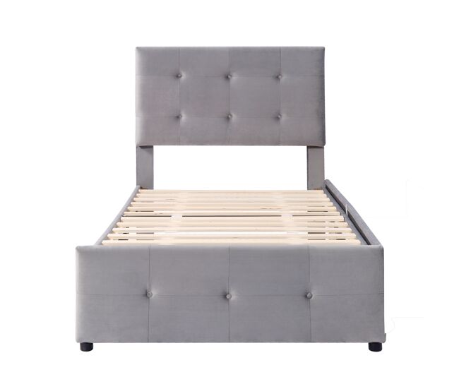 Cama tapizada de terciopelo 90x200cm - cama individual con 2 cajones y somier - gris