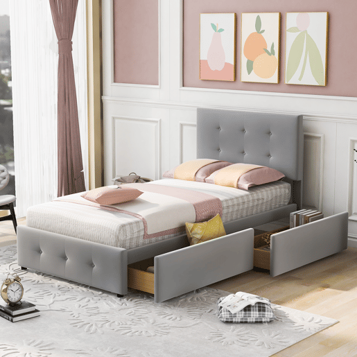 Cama estofada em veludo 90x200cm - cama individual com 2 gavetas e estrado de molas - Cinzento