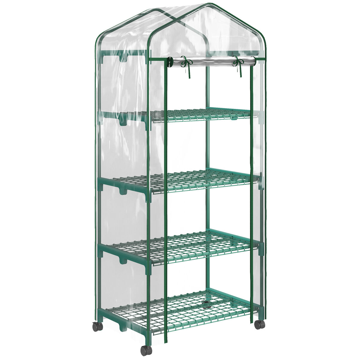 Outsunny invernadero de exterior con 4 estantes y ruedas, invernadero pequeño con puerta enrollable, marco de acero y cubierta de pvc, anti-uv para plantas, macetas, flores, 70x50x165 cm, transparente