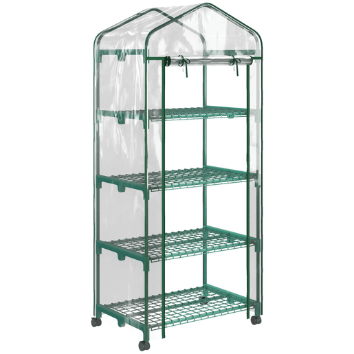 Outsunny Estufa de Exterior com 4 Prateleiras e Rodas, Estufa Compacta com Porta Enrolável, Estrutura de Aço e Cobertura de PVC, Anti-UV para Plantas, Vasos, Flores, 70x50x165 cm, Transparente