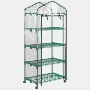 Outsunny Estufa de Exterior com 4 Prateleiras e Rodas, Estufa Compacta com Porta Enrolável, Estrutura de Aço e Cobertura de PVC, Anti-UV para Plantas, Vasos, Flores, 70x50x165 cm, Transparente