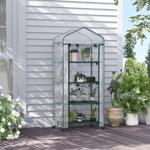 Outsunny Estufa de Exterior com 4 Prateleiras e Rodas, Estufa Compacta com Porta Enrolável, Estrutura de Aço e Cobertura de PVC, Anti-UV para Plantas, Vasos, Flores, 70x50x165 cm, Transparente