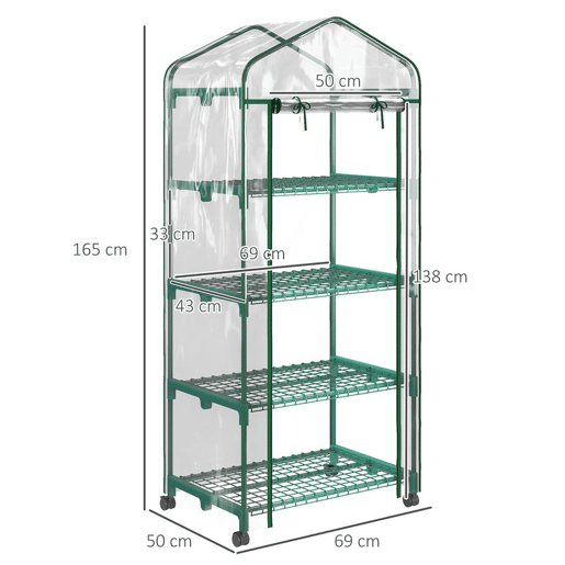 Outsunny Estufa de Exterior com 4 Prateleiras e Rodas, Estufa Compacta com Porta Enrolável, Estrutura de Aço e Cobertura de PVC, Anti-UV para Plantas, Vasos, Flores, 70x50x165 cm, Transparente