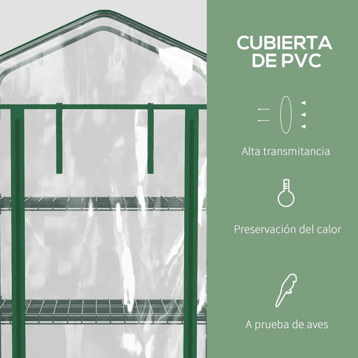 Outsunny Estufa de Exterior com 4 Prateleiras e Rodas, Estufa Compacta com Porta Enrolável, Estrutura de Aço e Cobertura de PVC, Anti-UV para Plantas, Vasos, Flores, 70x50x165 cm, Transparente