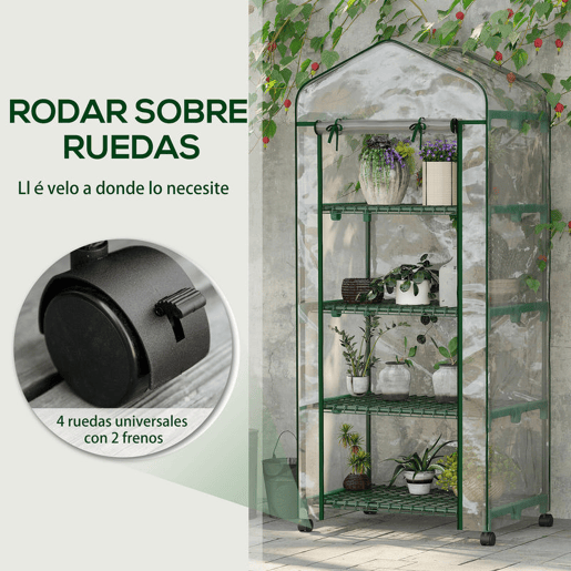 Outsunny Estufa de Exterior com 4 Prateleiras e Rodas, Estufa Compacta com Porta Enrolável, Estrutura de Aço e Cobertura de PVC, Anti-UV para Plantas, Vasos, Flores, 70x50x165 cm, Transparente