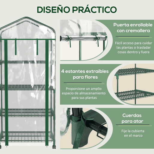 Outsunny Estufa de Exterior com 4 Prateleiras e Rodas, Estufa Compacta com Porta Enrolável, Estrutura de Aço e Cobertura de PVC, Anti-UV para Plantas, Vasos, Flores, 70x50x165 cm, Transparente
