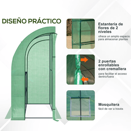 Outsunny Estufa Pequena Estufa de Exterior com Janelas Prateleiras de 3 Níveis e Estrutura de Aço Estufa para Cultivo de Plantas Flores 200x100x215 cm Verde