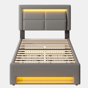 Cama em pele sintética com gavetas 90x200 cm - com LED e portas de carregamento (com e sem fios) - Cinzento