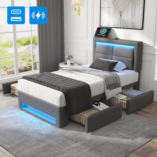 Cama em pele sintética com gavetas 90x200 cm - com LED e portas de carregamento (com e sem fios) - Cinzento