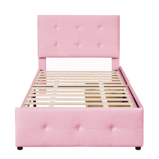 Cama estofada em veludo 90x200cm - Cama individual com 2 gavetas e estrado de molas - Rosa