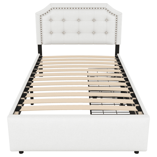 Cama estofada em tecido de linho com 2 gavetas - 90x200 cm - cabeceira decorada com rebites - Bege
