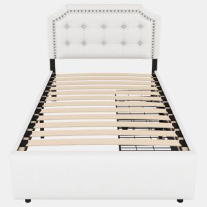 Cama estofada em tecido de linho com 2 gavetas - 90x200 cm - cabeceira decorada com rebites - Bege