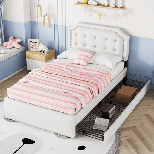 Cama estofada em tecido de linho com 2 gavetas - 90x200 cm - cabeceira decorada com rebites - Bege