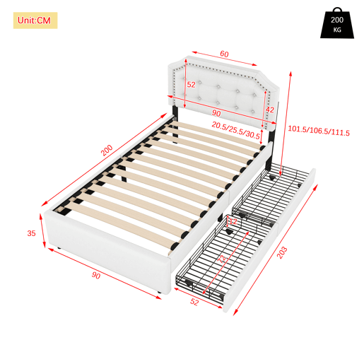 Cama estofada em tecido de linho com 2 gavetas - 90x200 cm - cabeceira decorada com rebites - Bege
