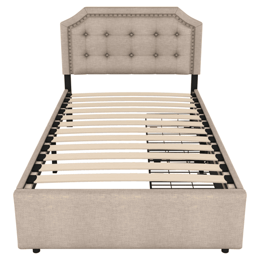 Cama estofada em linho com 2 gavetas - 90x200 cm - cabeceira decorada com rebites - Taupe