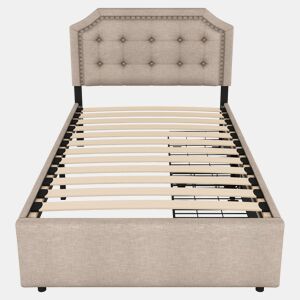 Cama estofada em linho com 2 gavetas - 90x200 cm - cabeceira decorada com rebites - Taupe