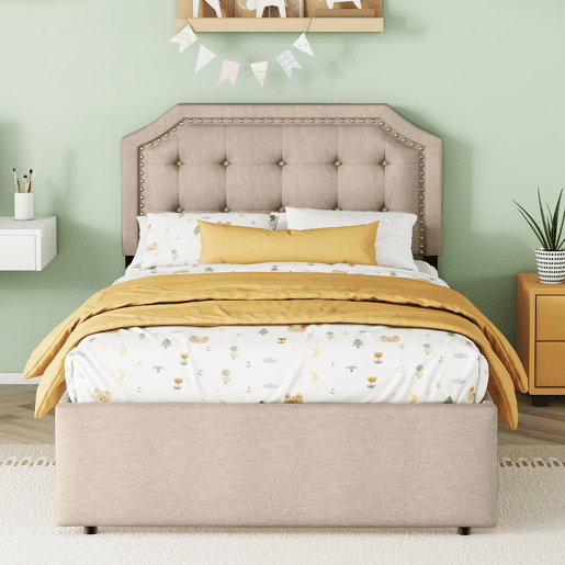 Cama estofada em linho com 2 gavetas - 90x200 cm - cabeceira decorada com rebites - Taupe