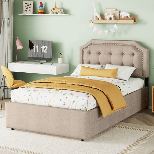 Cama estofada em linho com 2 gavetas - 90x200 cm - cabeceira decorada com rebites - Taupe